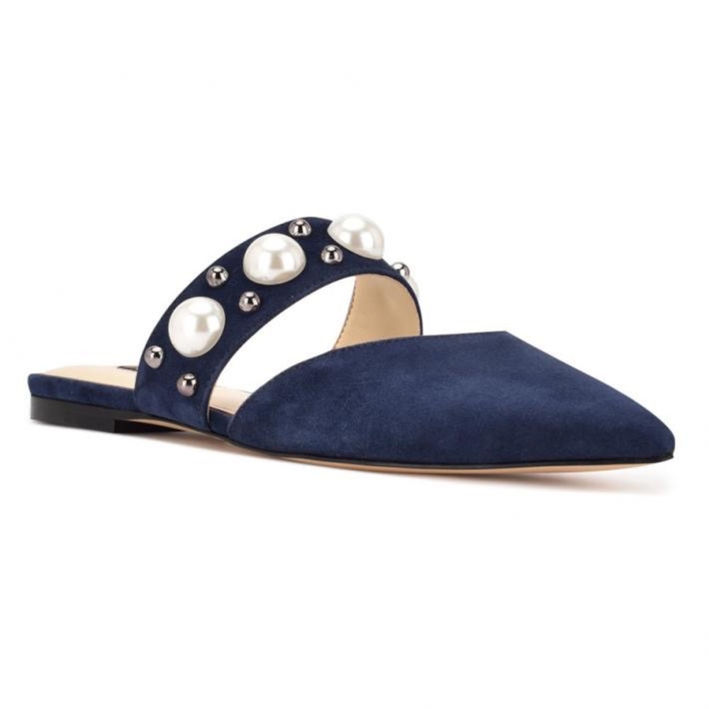 Women’s SZ 8.5 NINE WEST BLUE SUEDE “BAUBBLE” MULES with Pearl Accents BNWT